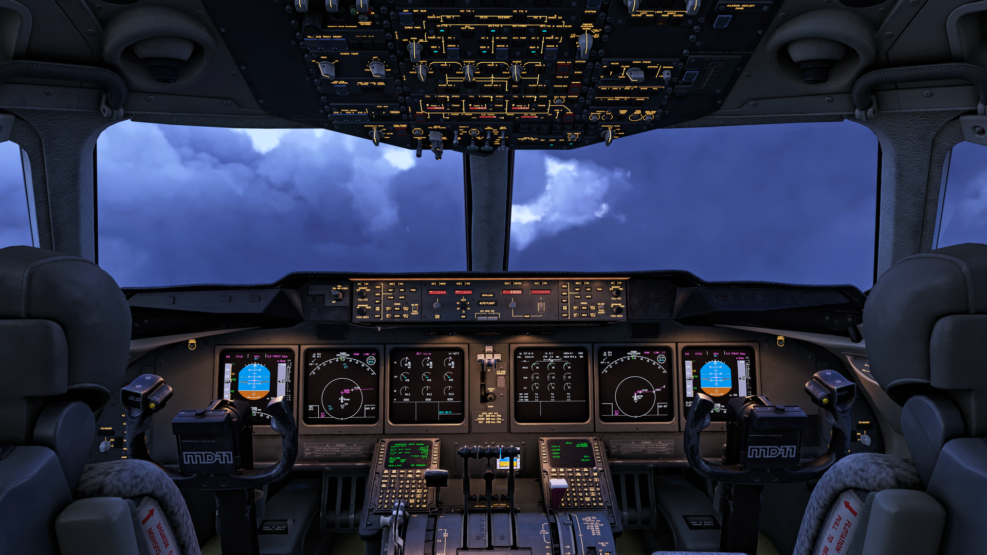 The MD-11 cockpit in a dark cloud, with the integrated lighting turned on