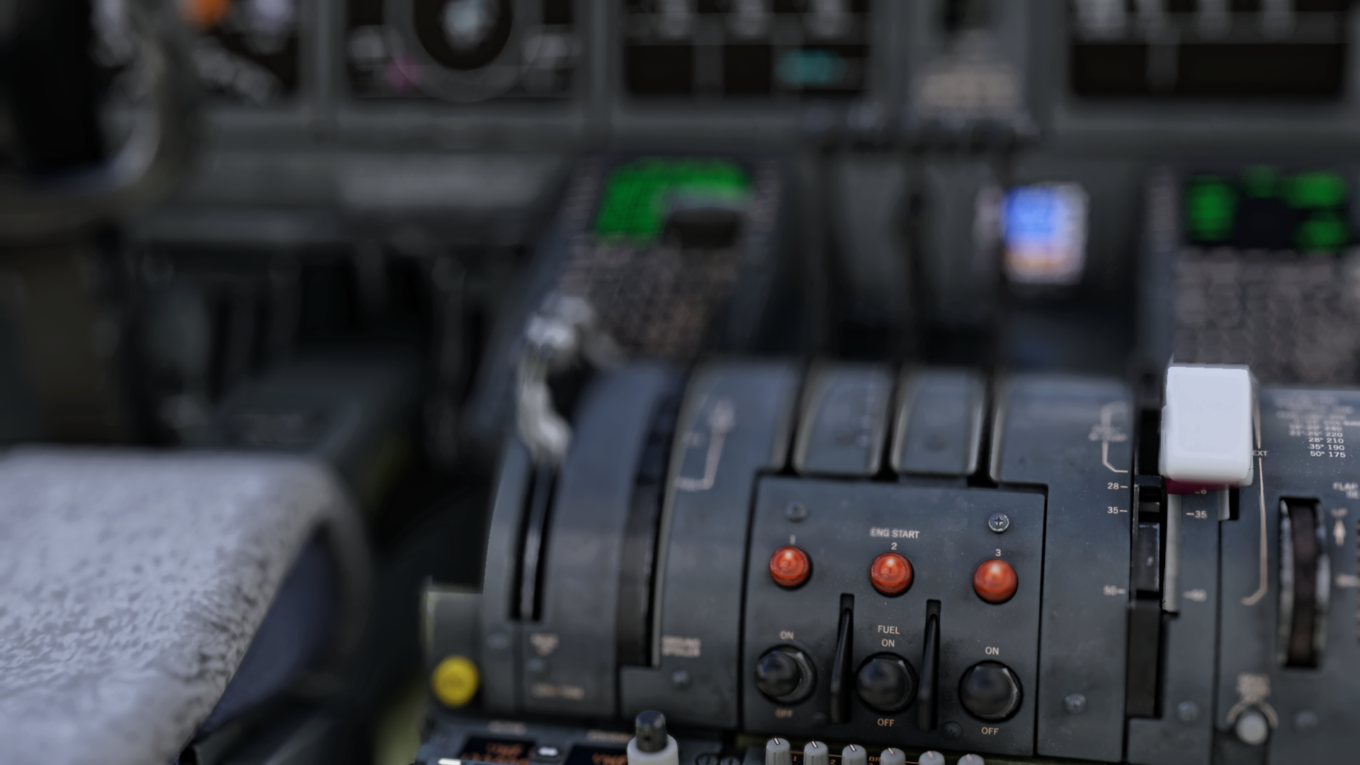 A close up photo of the MD-11 throttle quadrant